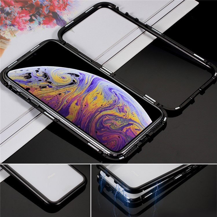 Magnetic Attraction Metal Frame Tempered Glass Back Phone Cover for iPhone XR 6.1 inch - Black-1