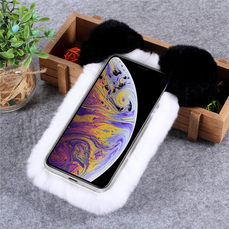 Panda Shape Warm Rabbit Fur Coated TPU Casing for iPhone XS Max 6.5 inch - White/Black-2
