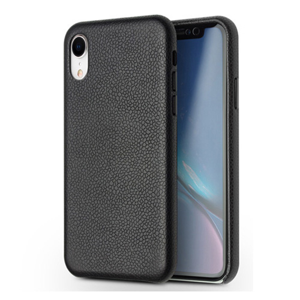QIALINO Classic Litchi Texture Calf Skin Genuine Leather Coated PC Back Case for iPhone XR 6.1 inch - Black-1