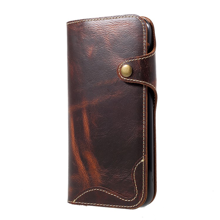 

Genuine Leather Button Closure Wallet Mobile Phone Flip Case for iPhone XR 6.1 inch - Coffee, iPhone XR