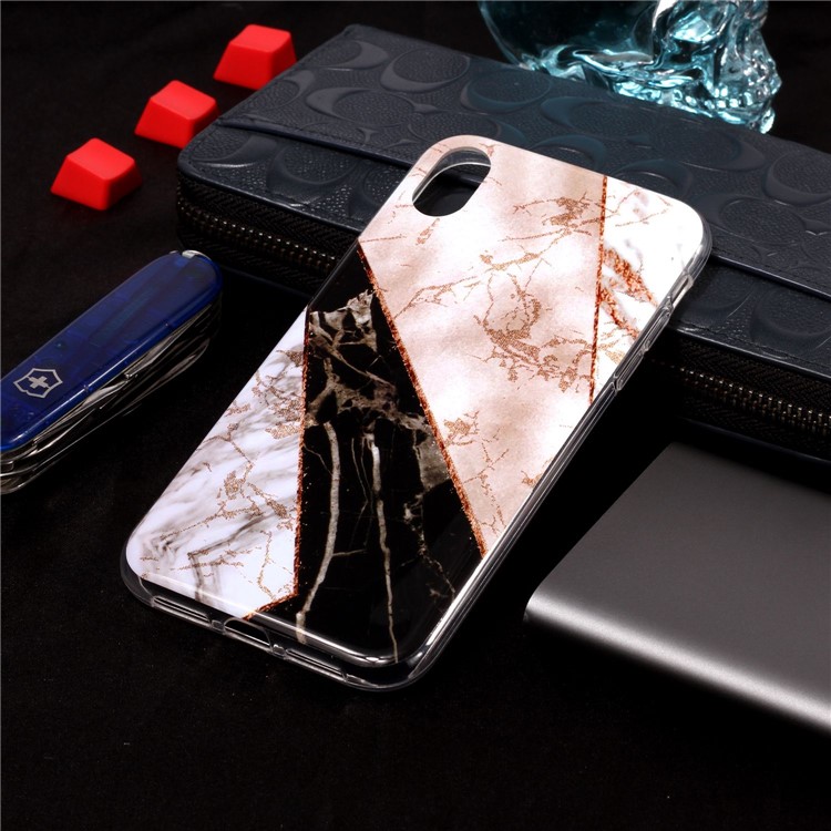 Flash Powder Marble Pattern IMD TPU Case for iPhone XR 6.1 inch - White / Brown-1