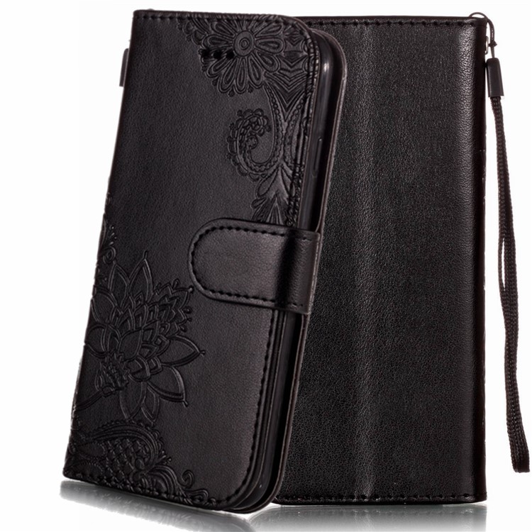 Imprint Flower Leather Case Wallet Stand Phone Cover for iPhone XS 5.8 inch - Black-1