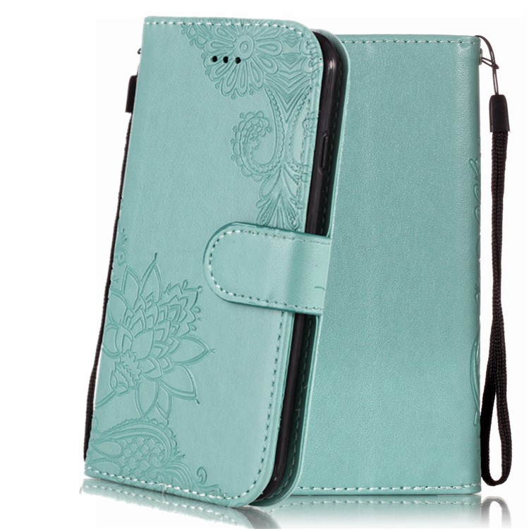

Imprint Flower Leather Case Wallet Stand Phone Casing for iPhone XS 5.8 inch - Cyan, iPhone Xs