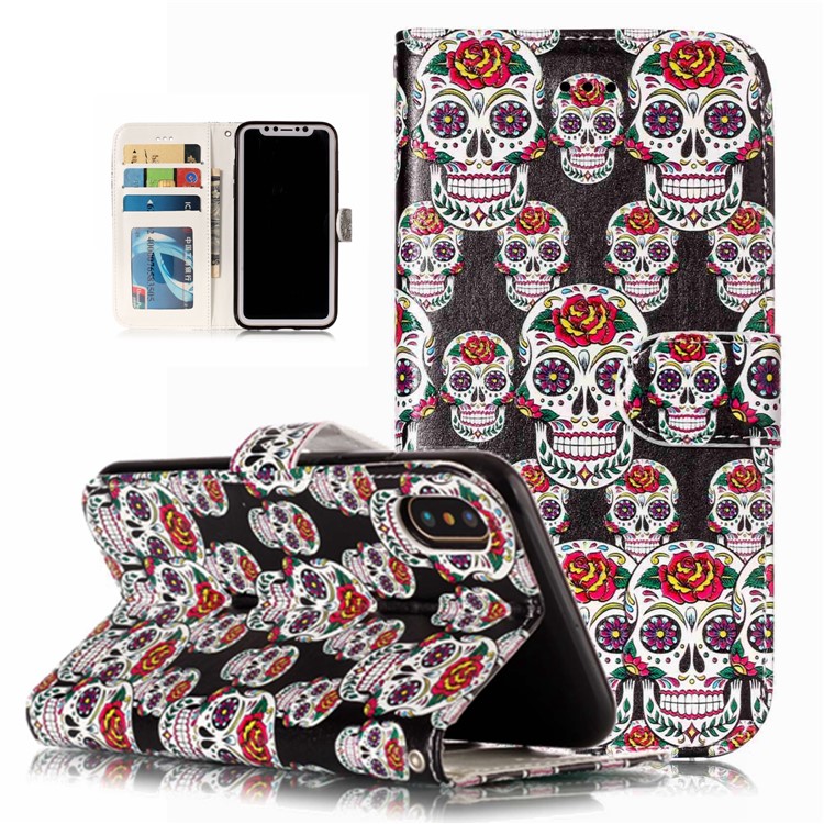 

Embossed Leather Case Pattern Printing Phone Cover for iPhone XS 5.8 inch - Flowered Skull, iPhone XS 5.8 inch