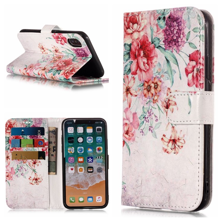 Pattern Printing Leather Case Wallet Stand Cover for iPhone XS Max 6.5 inch - Blooming Flower-1