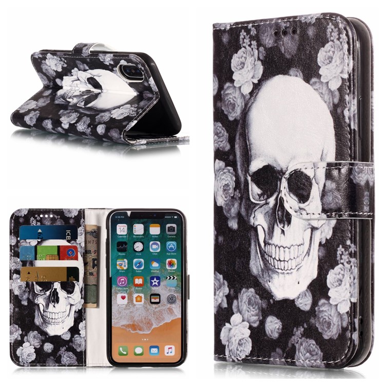 

Patterned Wallet Leather Stand Folio Case for iPhone XS Max 6.5 inch - Rose and Skull