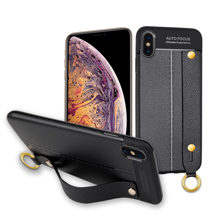 Litchi Texture TPU Phone Case with Wrist Strap Kickstand for for iPhone XS / X 5.8 inch - Black-1