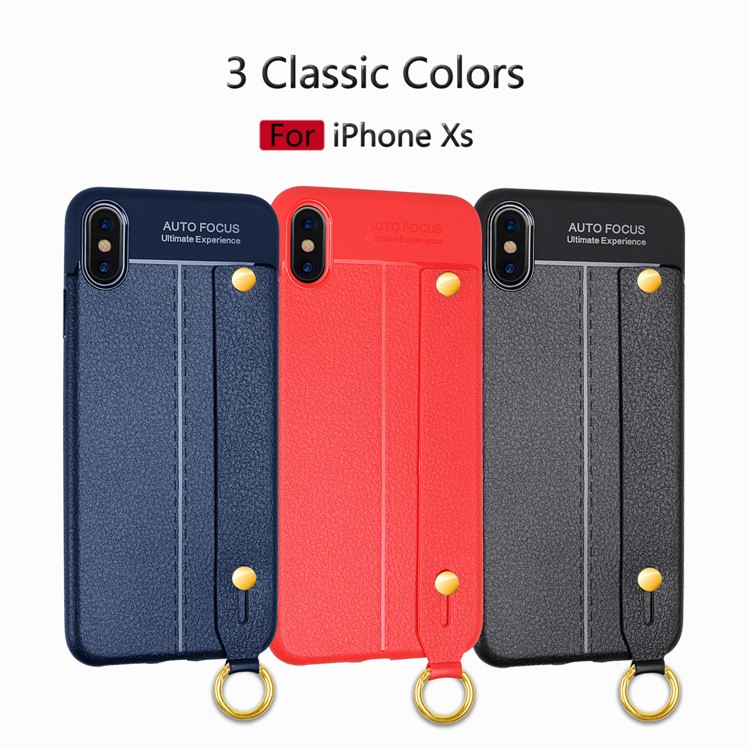 Litchi Texture TPU Phone Case with Wrist Strap Kickstand for for iPhone XS / X 5.8 inch - Black-10