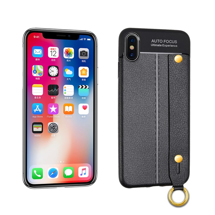 Litchi Texture TPU Phone Case with Wrist Strap Kickstand for for iPhone XS / X 5.8 inch - Black-2