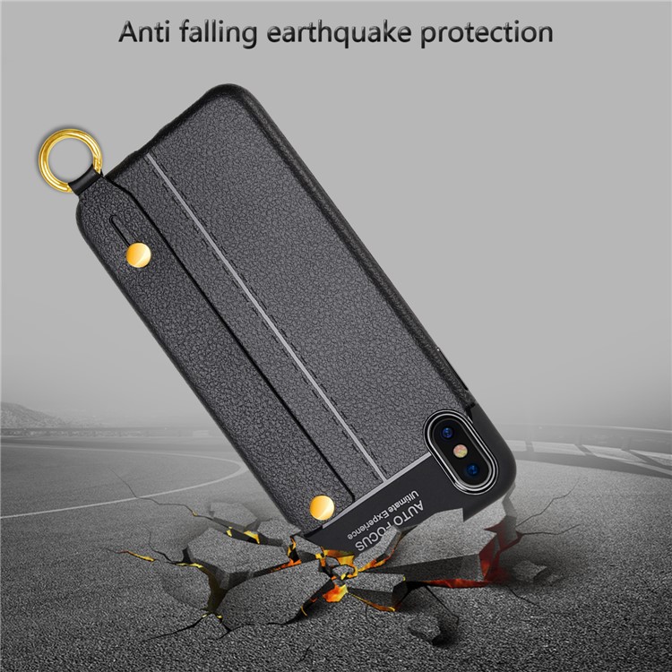 Litchi Texture TPU Phone Case with Wrist Strap Kickstand for for iPhone XS / X 5.8 inch - Black-3