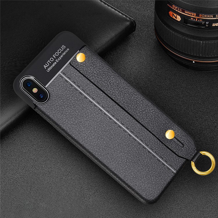 Litchi Texture TPU Phone Case with Wrist Strap Kickstand for for iPhone XS / X 5.8 inch - Black-5