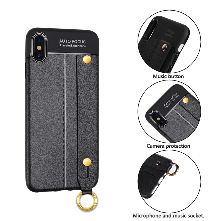 Litchi Texture TPU Phone Case with Wrist Strap Kickstand for for iPhone XS / X 5.8 inch - Black-9