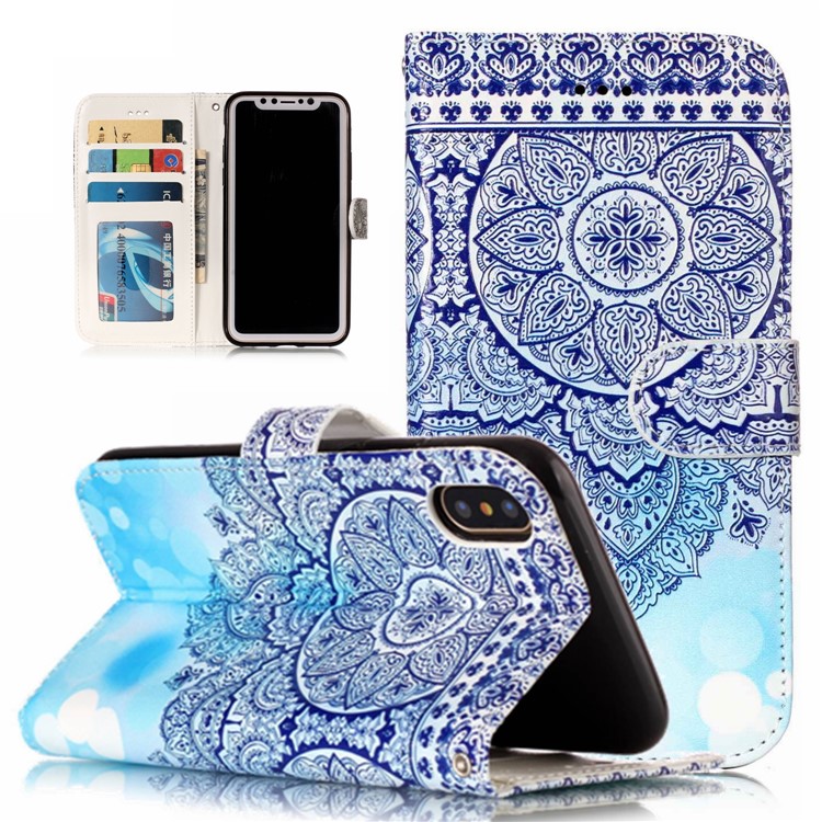 

Embossed Pattern Printing Leather Wallet Protective Cover with Stand for iPhone XS Max 6.5 inch - Unique Blue Flower, iPhone XS Max