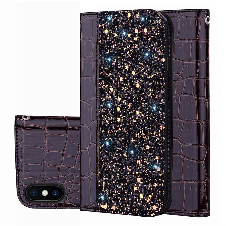 Crocodile Texture Glittery Sequins Splicing PU Leather Auto-absorbed Phone Case for iPhone XS 5.8 inch - Black-1