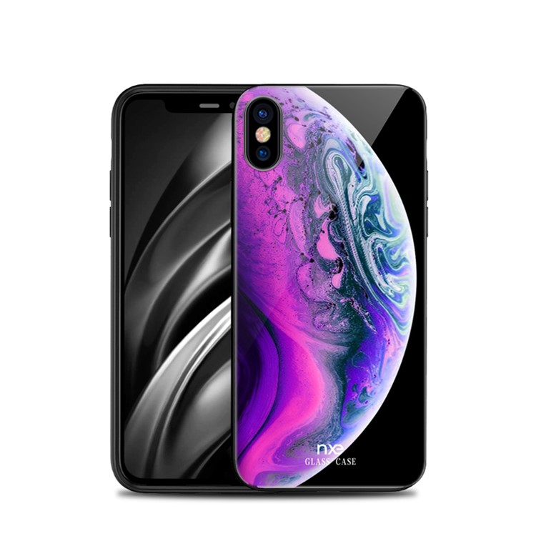 NXE Pianeta Modello Stampa 9H Vetro Posteriore + TPU Bordo Caso Ibrido Per Iphone XS 5.8 Pollici - Viola / Blu-1