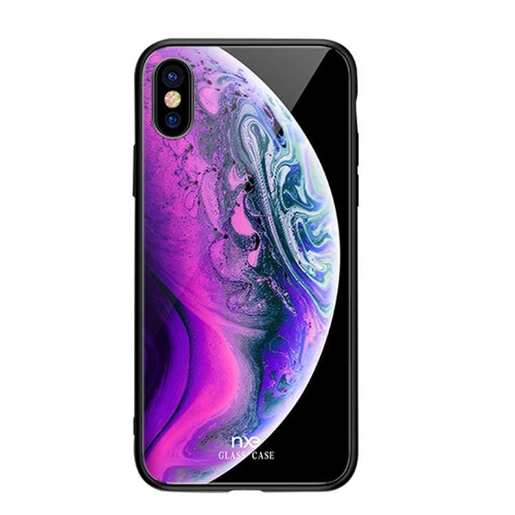 NXE Pianeta Modello Stampa 9H Vetro Posteriore + TPU Bordo Caso Ibrido Per Iphone XS 5.8 Pollici - Viola / Blu-2