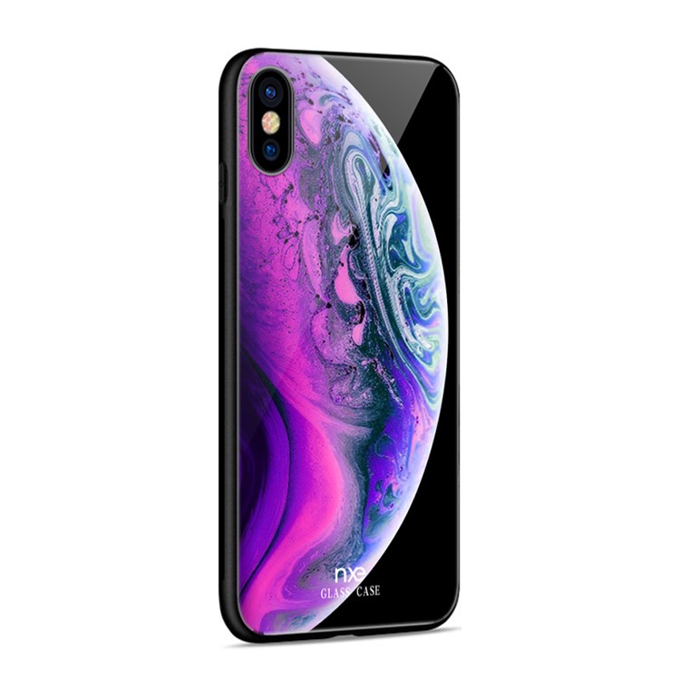 NXE Pianeta Modello Stampa 9H Vetro Posteriore + TPU Bordo Caso Ibrido Per Iphone XS 5.8 Pollici - Viola / Blu-4