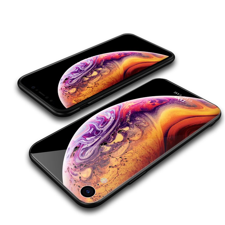 NXE Planet Pattern Printing 9H Glass Back + TPU Edge Hybrid Case for iPhone XR 6.1 inch - Orange / Light Purple-2