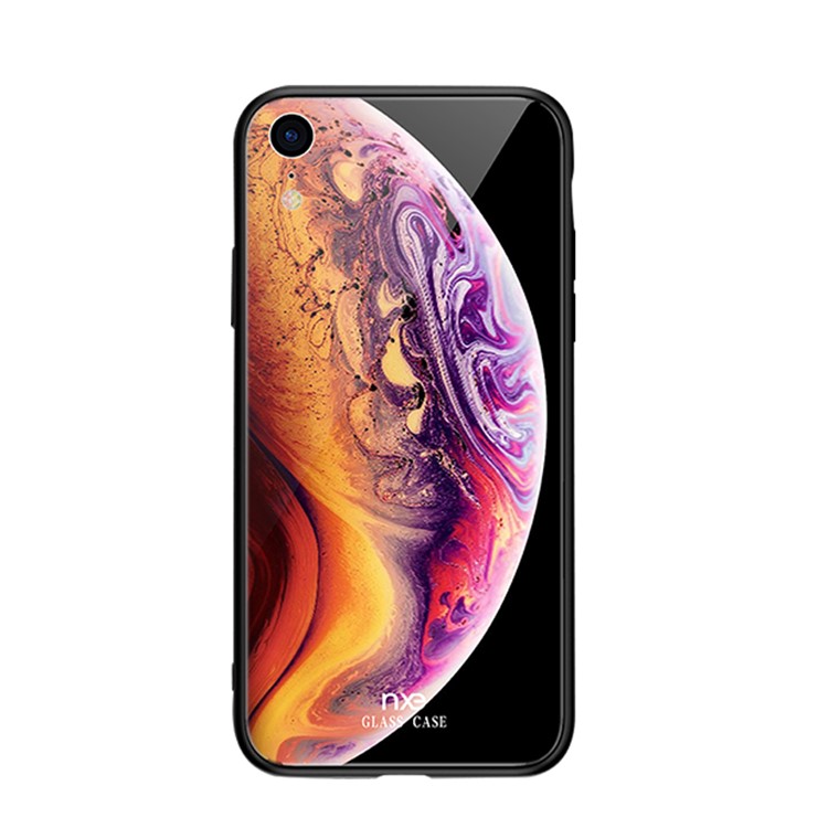 NXE Planet Pattern Printing 9H Glass Back + TPU Edge Hybrid Case for iPhone XR 6.1 inch - Orange / Light Purple-3