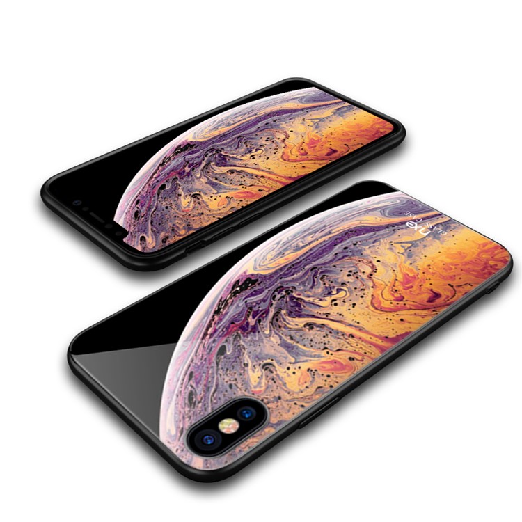NXE for iPhone XS Max 6.5 inch Planet Pattern 9H Glass Back + TPU Edge Hybrid Case - Orange / Dark Purple-2
