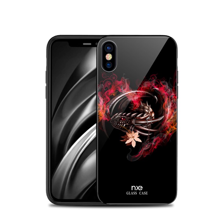 NXE Glass Case for iPhone XS 5.8 inch Pattern Printing TPU Edges 9H Glass Panel Hybrid Cover - Dragon and Heart Pattern-1