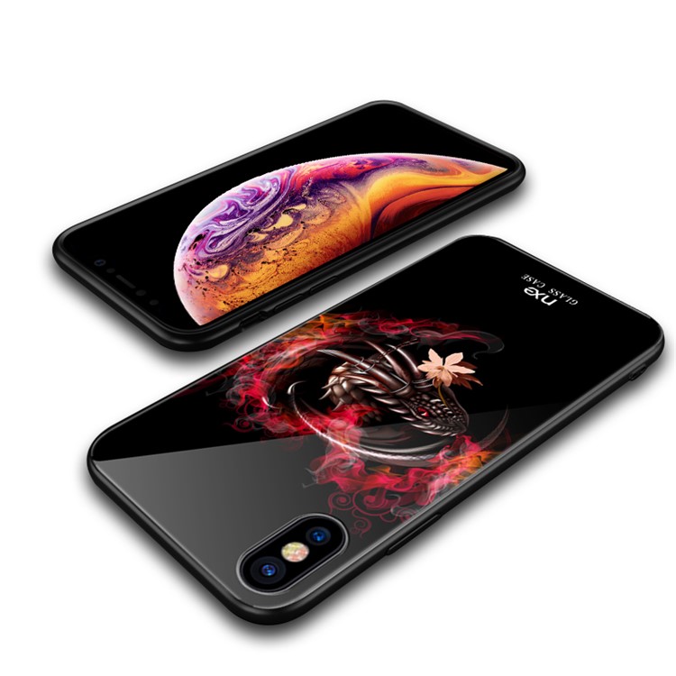 NXE Glass Case for iPhone XS 5.8 inch Pattern Printing TPU Edges 9H Glass Panel Hybrid Cover - Dragon and Heart Pattern-2