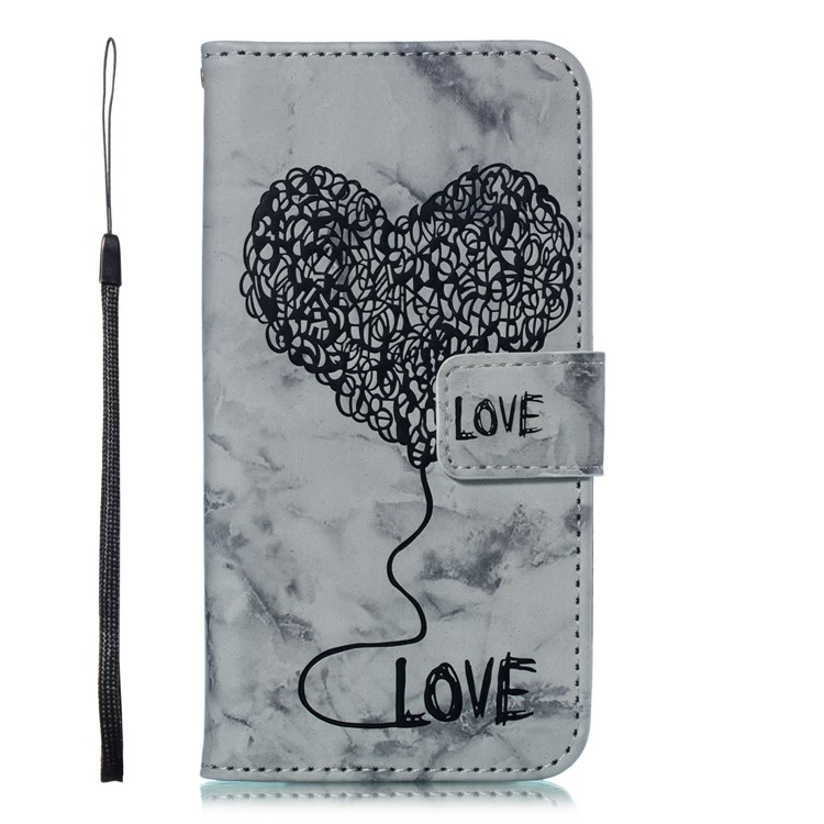 Marble Loving Heart Pattern Leather Wallet Phone Cover with Strap for iPhone XS / X 5.8 inch - Black-2