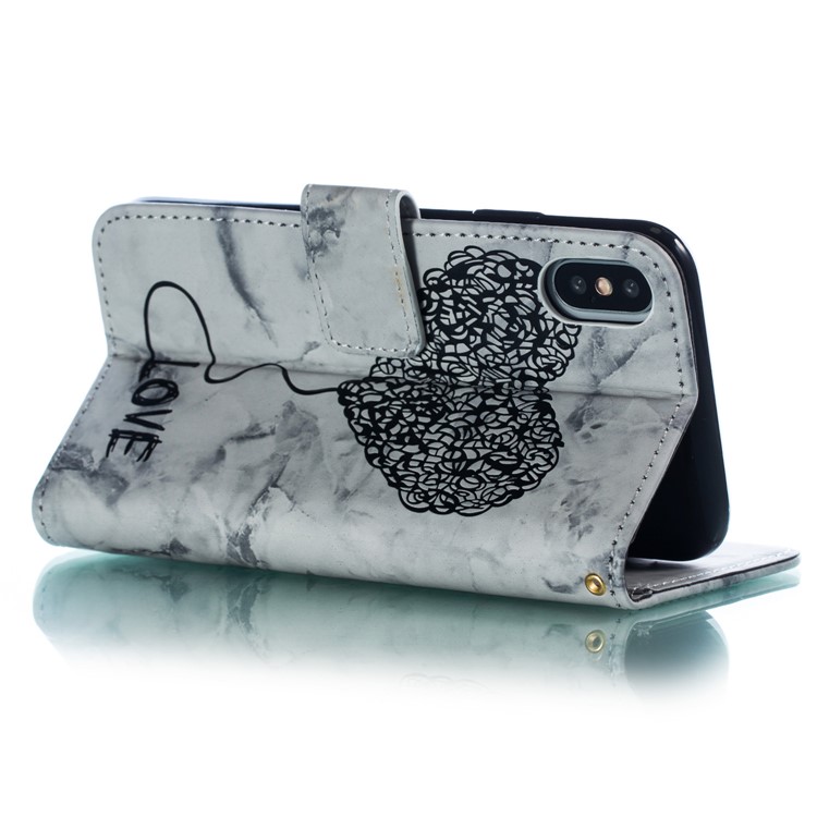 Marble Loving Heart Pattern Leather Wallet Phone Cover with Strap for iPhone XS / X 5.8 inch - Black-4