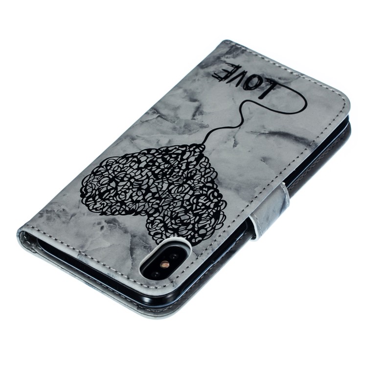 Marble Loving Heart Pattern Leather Wallet Phone Cover with Strap for iPhone XS / X 5.8 inch - Black-8