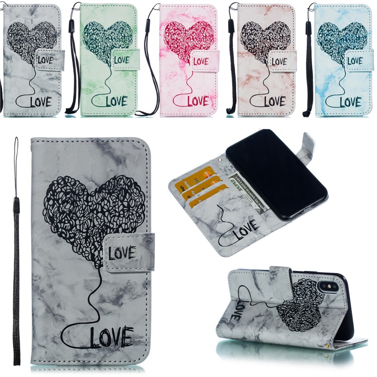 Marble Loving Heart Pattern Leather Wallet Phone Cover with Strap for iPhone XS / X 5.8 inch - Black-9