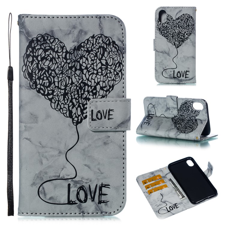 Imprinted Lover Heart Pattern Leather Case for iPhone XR 6.1 inch - Black-1
