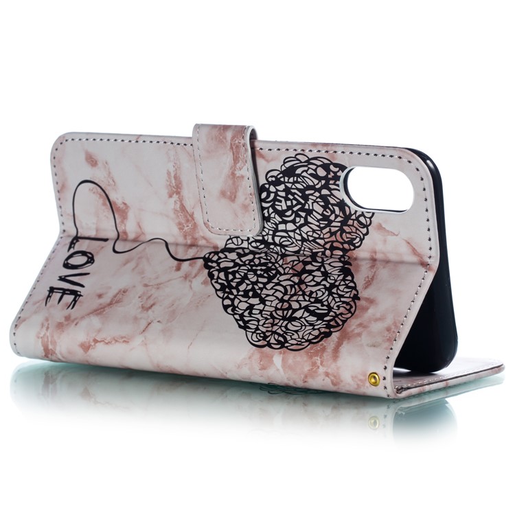 For iPhone XS Max 6.5 inch Leather Case Imprinted Lover Heart Marble Pattern Stand Wallet Cover - Pink-4