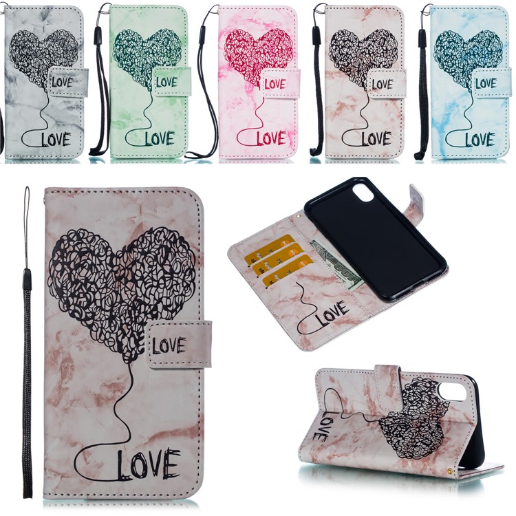 For iPhone XS Max 6.5 inch Leather Case Imprinted Lover Heart Marble Pattern Stand Wallet Cover - Pink-9