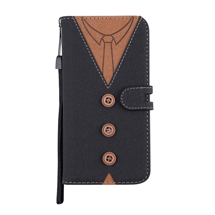 Splicing Imprint Men Tie Leather Wallet Case Button Decor with Strap for iPhone XS / X 5.8 inch - Black-4