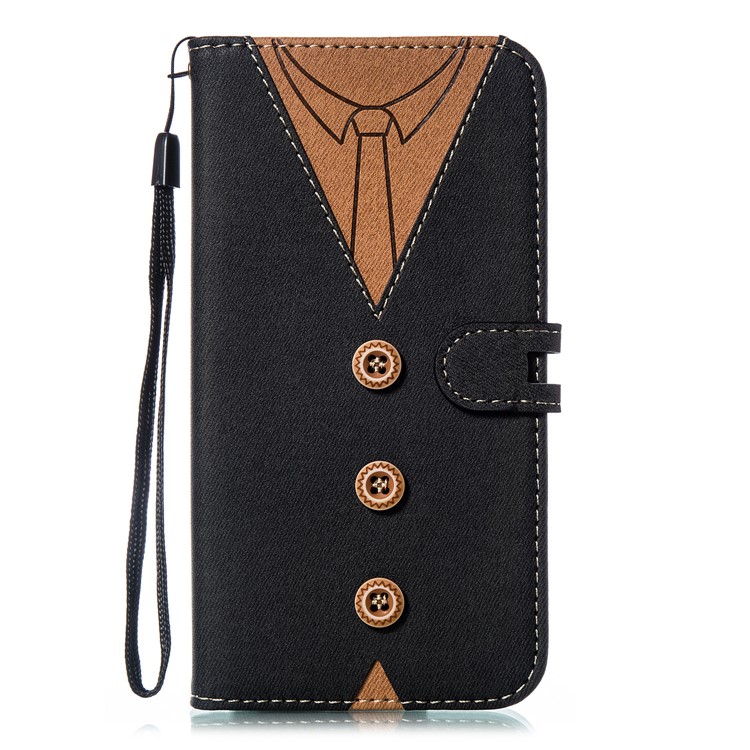 Splicing Imprint Men Tie Leather Wallet Case Button Decor with Strap for iPhone XR 6.1 inch - Black-2
