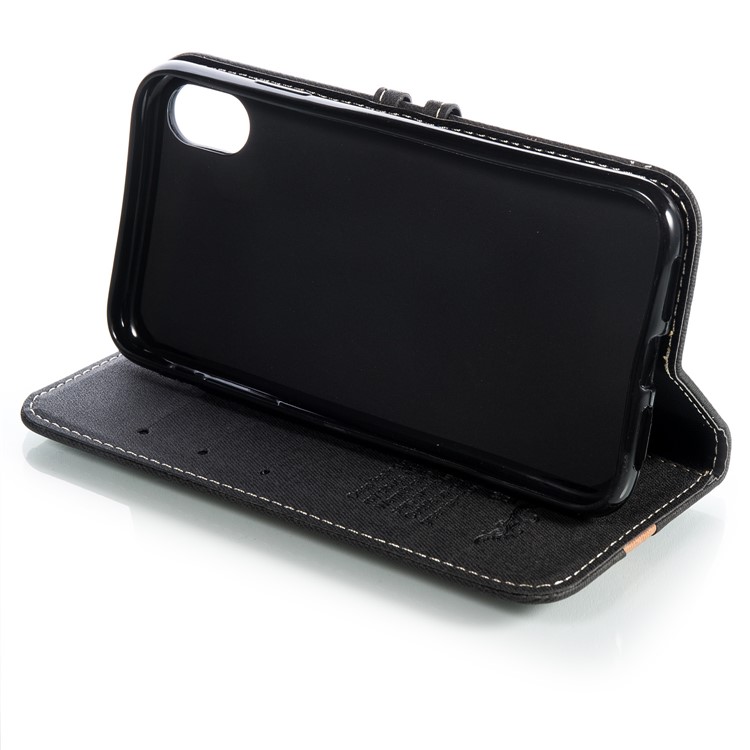 Splicing Imprint Men Tie Leather Wallet Case Button Decor with Strap for iPhone XR 6.1 inch - Black-4