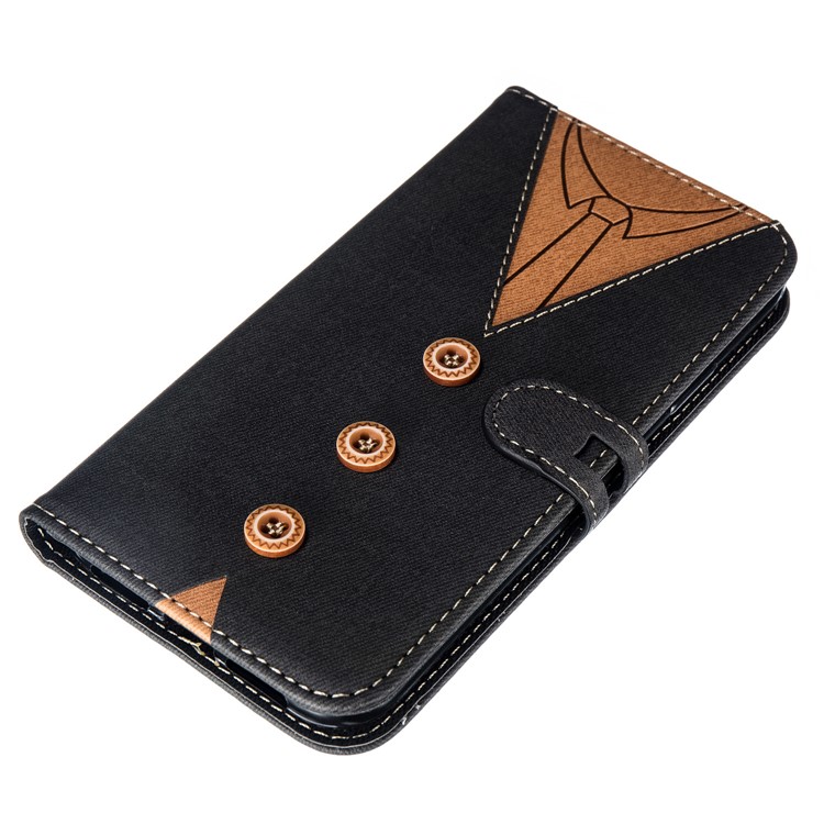 Splicing Imprint Men Tie Leather Wallet Case Button Decor with Strap for iPhone XR 6.1 inch - Black-7