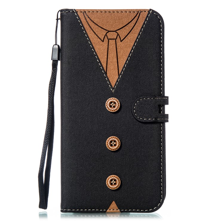 For iPhone XS Max 6.5 inch Splicing Imprint Men Tie Leather Case Button Decor Wallet Stand Cover - Black-2