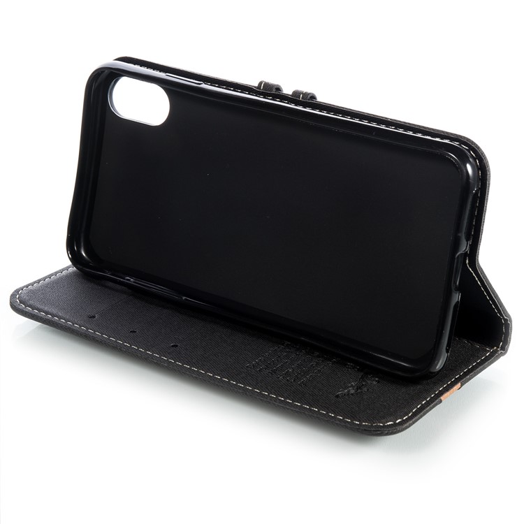 For iPhone XS Max 6.5 inch Splicing Imprint Men Tie Leather Case Button Decor Wallet Stand Cover - Black-4
