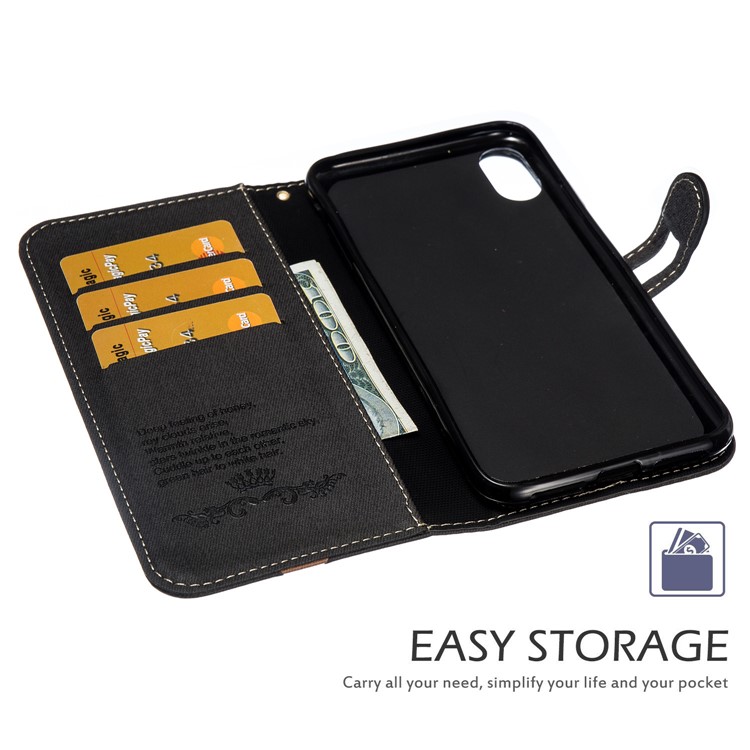 For iPhone XS Max 6.5 inch Splicing Imprint Men Tie Leather Case Button Decor Wallet Stand Cover - Black-6