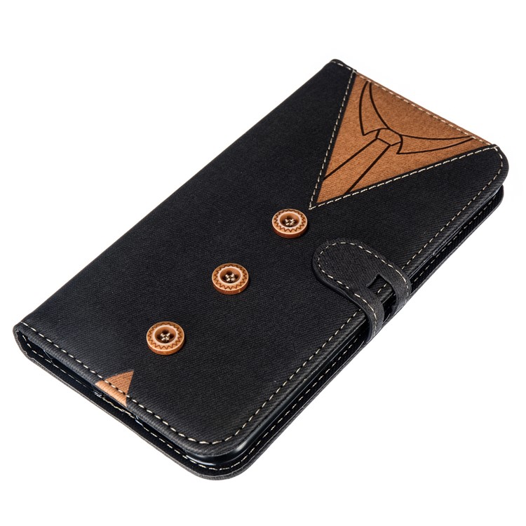 For iPhone XS Max 6.5 inch Splicing Imprint Men Tie Leather Case Button Decor Wallet Stand Cover - Black-7