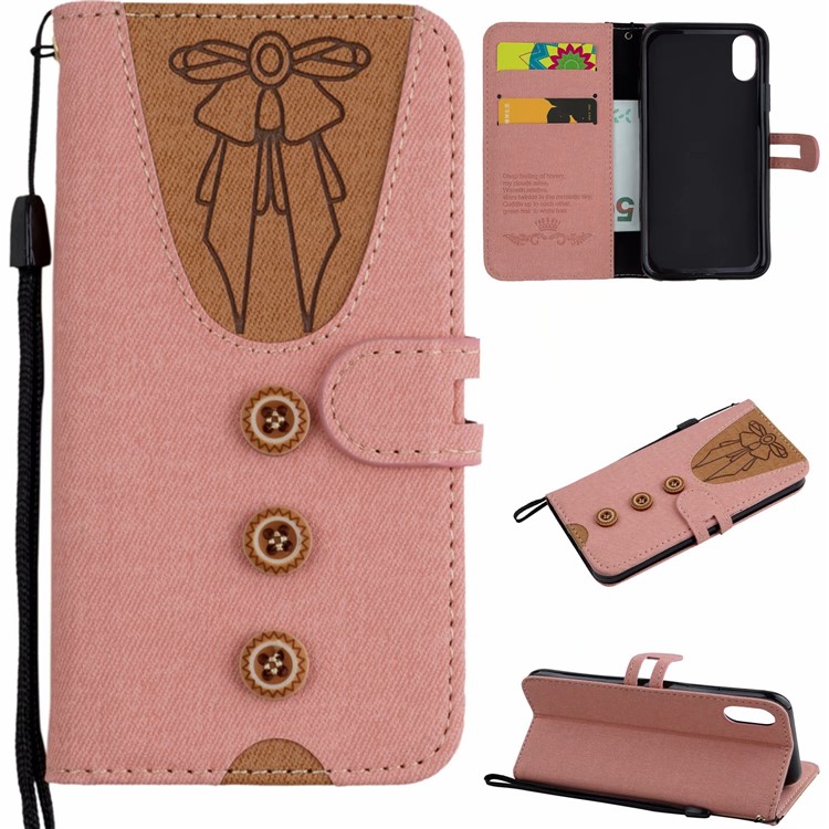 

For iPhone XS / X 5.8 inch Splicing Imprint Women Bow-tie Leather Wallet Stand Protection Case with Strap - Pink