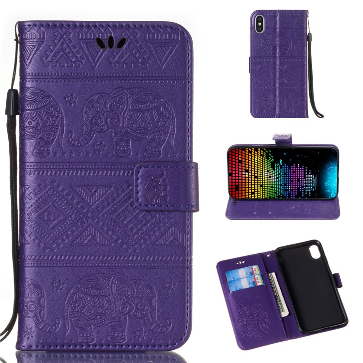 

Imprinted Elephant PU Leather Phone Casing with [Stand Wallet Strap] for iPhone XS Max 6.5 inch - Purple