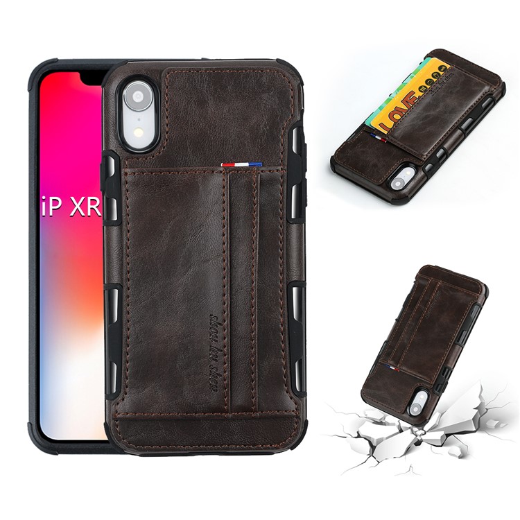 

SHOUHUSHEN PU Leather Coated PC TPU Combo Cover Case (Double Card Slots) for iPhone XR 6.1 inch - Coffee, iPhone XR
