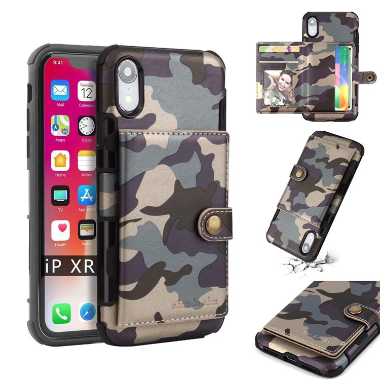 

SHOUHUSHEN for iPhone XR 6.1 inch Camouflage Pattern Leather Coated PC TPU Case with Card Holder - Dark Blue, iPhone XR