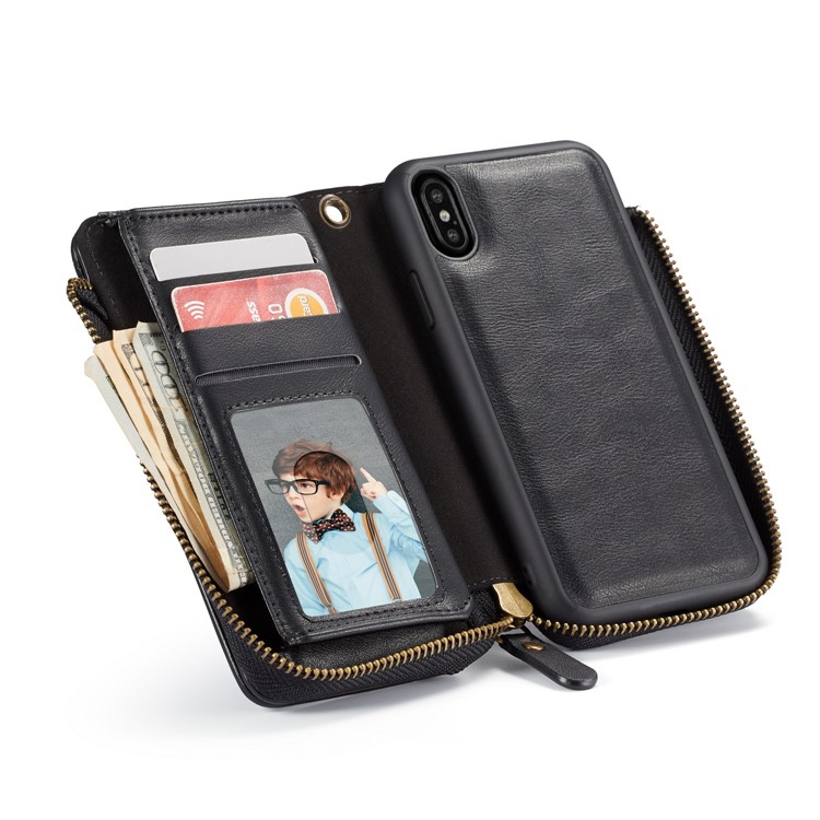 

Detachable 2-in-1 Vintage Zipper Wallet Case + Inner Removable TPU Back Cover for iPhone XS Max 6.5 inch - Black