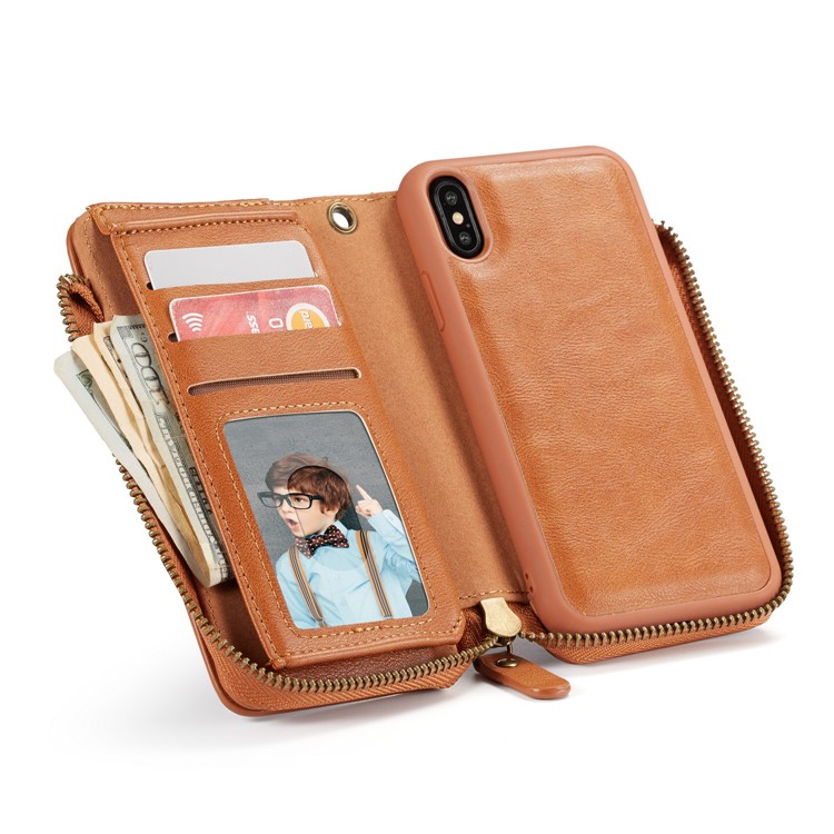 

Detachable 2-in-1 Vintage Zipper Wallet Casing + Inner Removable TPU Back Case for iPhone XS Max 6.5 inch - Brown