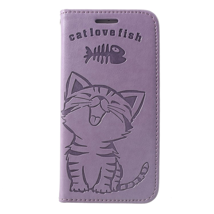 Impressão Gato E Peixe Osso Carteira Capa Protetora De Couro Para O Iphone 8 / 7 - Roxa-1