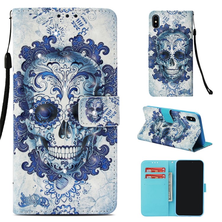 

Pattern Printing Rhinestone Decor Leather Cell Phone Cover for iPhone XS Max 6.5 inch - Flowered Skull