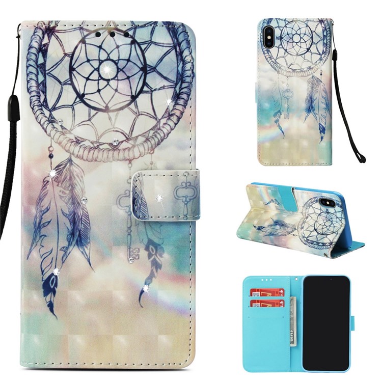 

Rhinestone Decor Pattern Printing Wallet Leather Cell Phone Cover with Strap for iPhone XS Max 6.5 inch - Dream Catcher in Sky